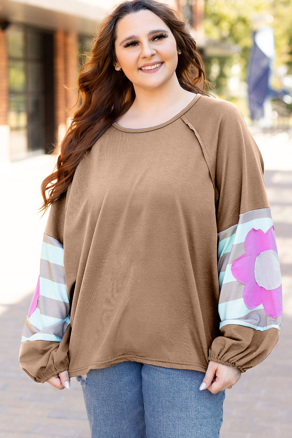 Smoke Green Flower Patchwork Raglan Sleeve Exposed Seam Oversized Top