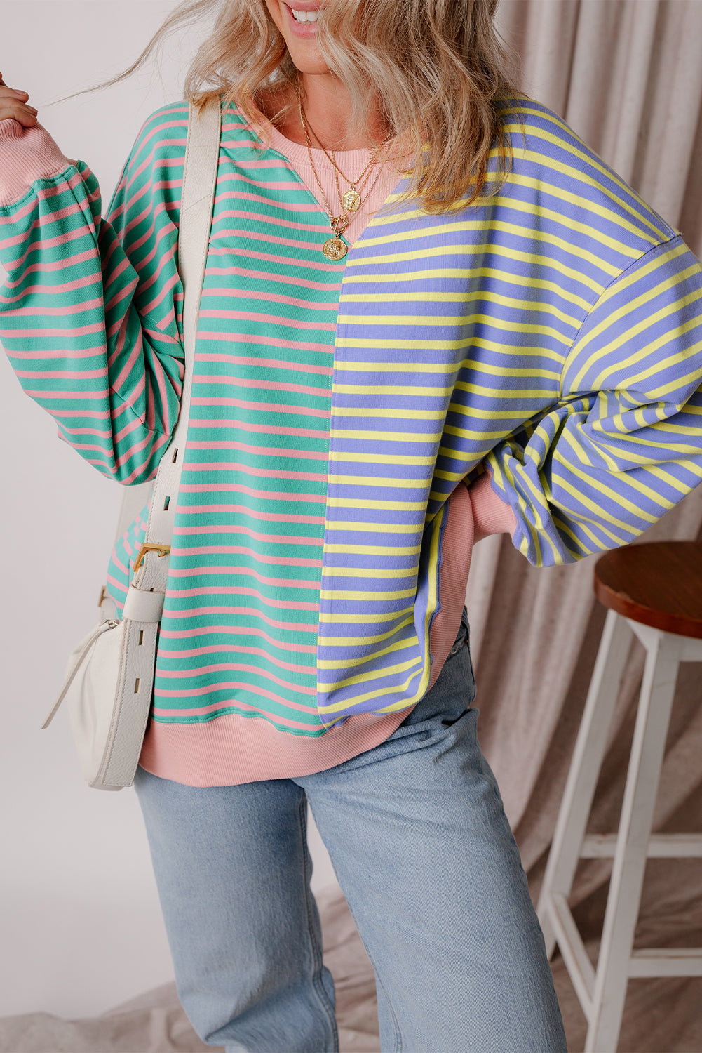 Green Stripe Colorblock Drop Shoulder Oversize Sweatshirt