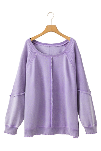 Orchid Petal Textured Patchwork Frilled Trim Plus Size Pullover Sweatshirt