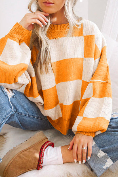 Green Checkered Bishop Sleeve Sweater