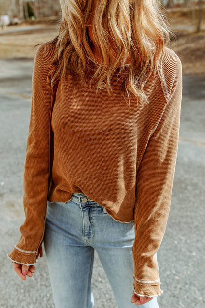 Green Textured Round Neck Long Sleeve Top