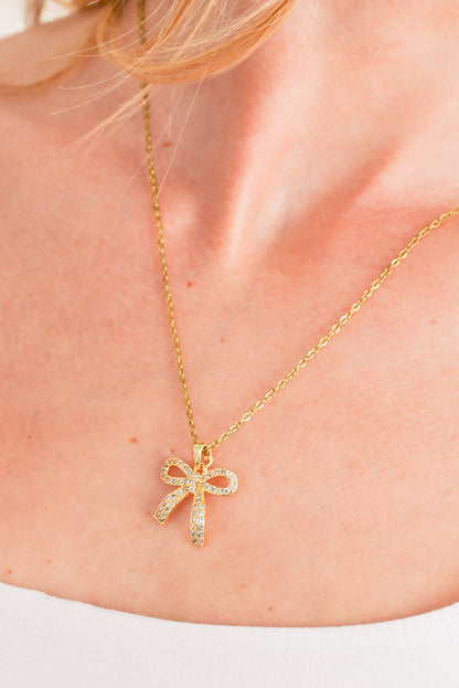 Gold Plated Rhinestone Bowknot Pendant Necklace