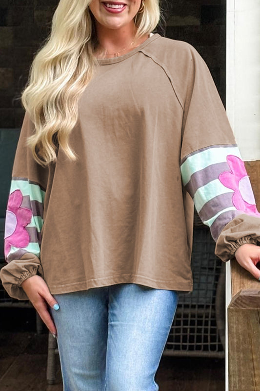 Light French Beige Flower Striped Patchwork Puff Sleeve Loose Sweatshirt