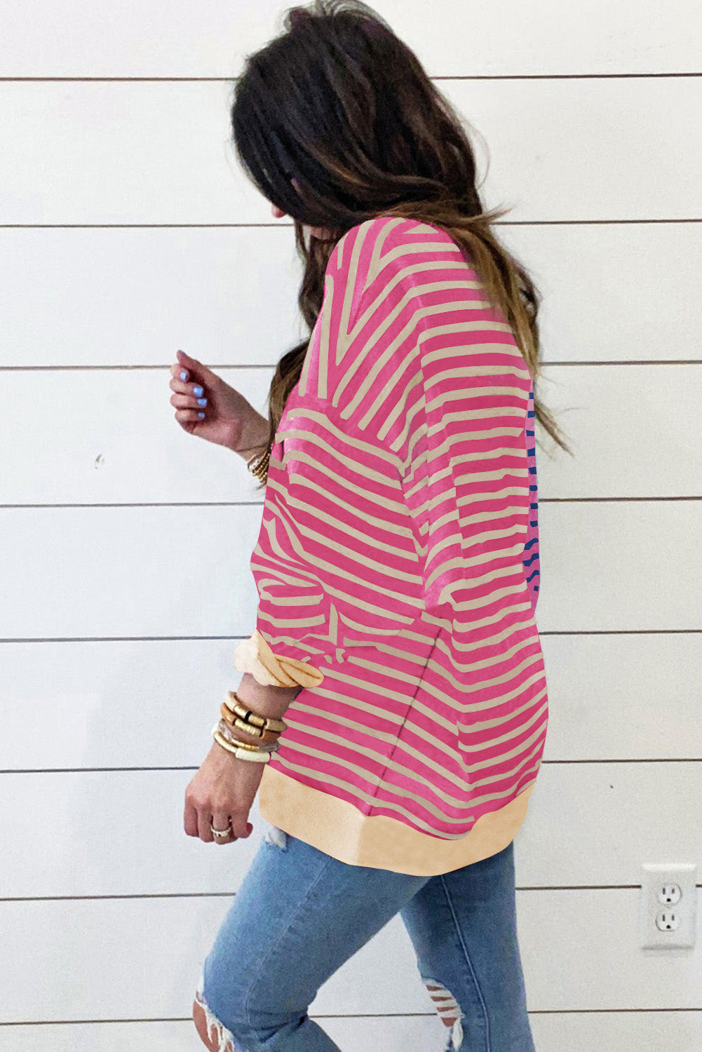 Green Stripe Colorblock Drop Shoulder Oversize Sweatshirt