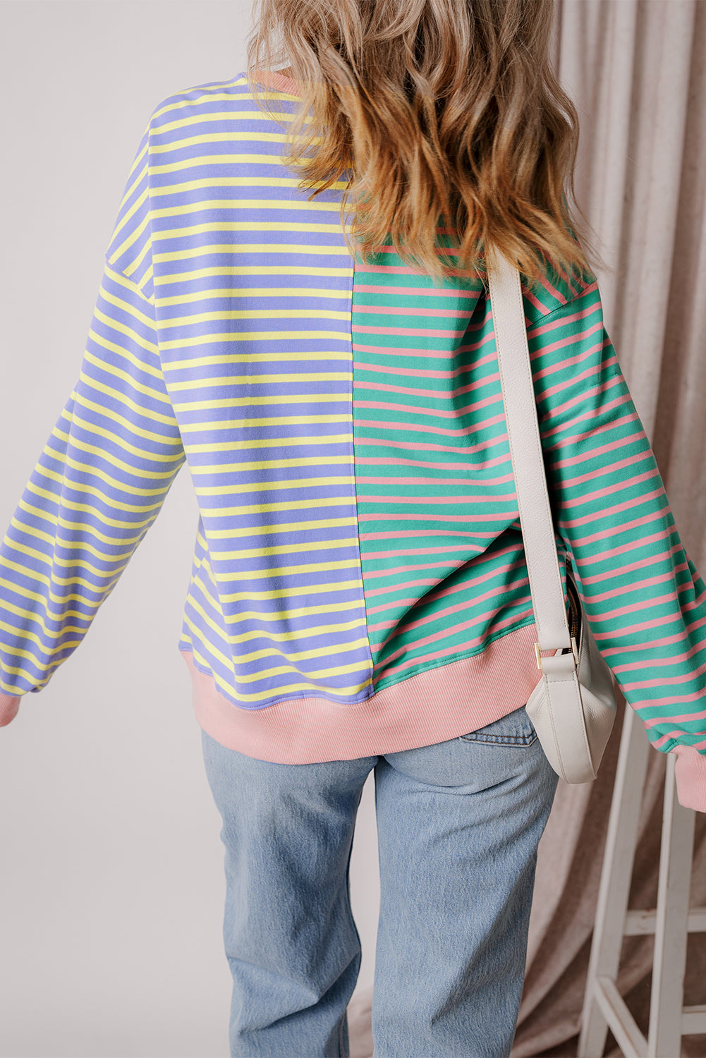 Green Stripe Colorblock Drop Shoulder Oversize Sweatshirt