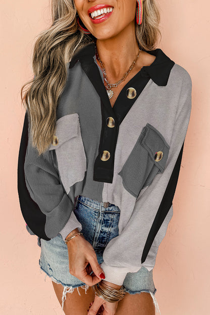 Pink Colorblock Ribbed Collared Oversized Sweatshirt