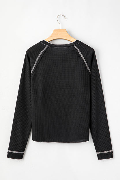 Green Textured Round Neck Long Sleeve Top