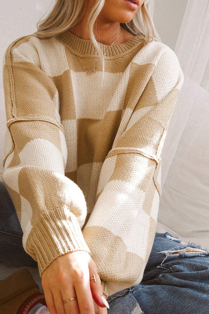 Green Checkered Bishop Sleeve Sweater