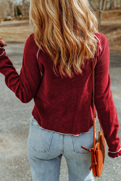 Green Textured Round Neck Long Sleeve Top